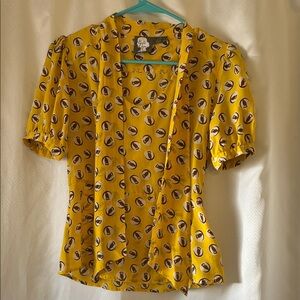 Chic Tie-Neck Vintage Yellow Owl Patterned Blouse